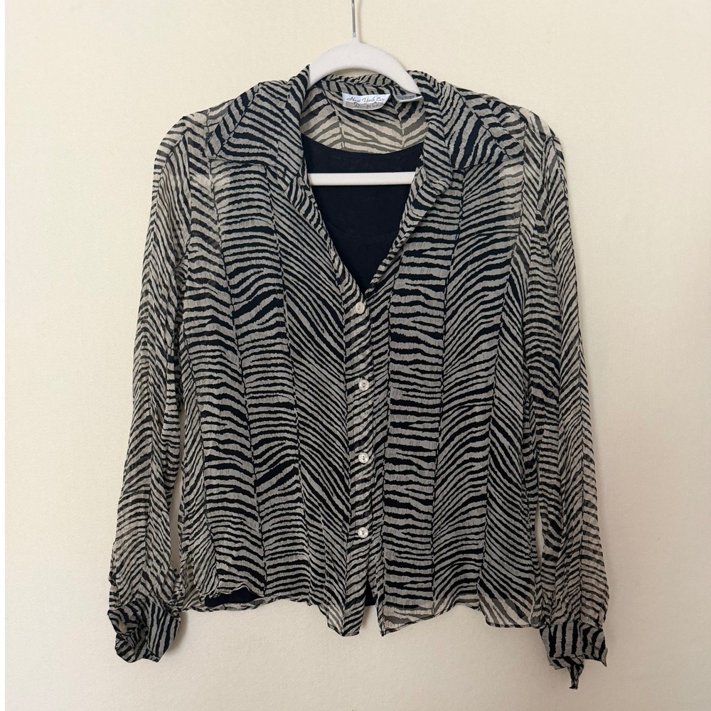 New York City Design Co 100% Silk Zebra Print Blouse Button Down Tan Black